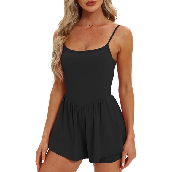 Beaully Women's Black Summer Sleeveless Romper Spaghetti One Piece Outfits - Picture 3 of 5